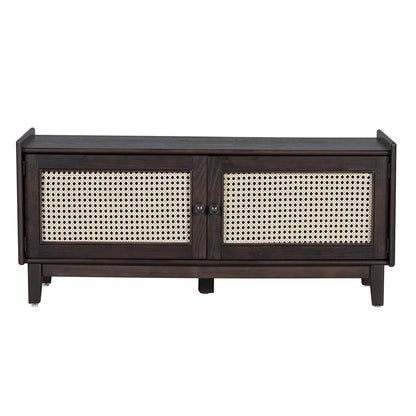 TREXM Boho Rattan Entryway Bench with Storage, Cushioned Shoe Bench with Double Doors, Wooden Shoe Organizer Bench for Entryway and Hallway (Espresso+Beige) image 6