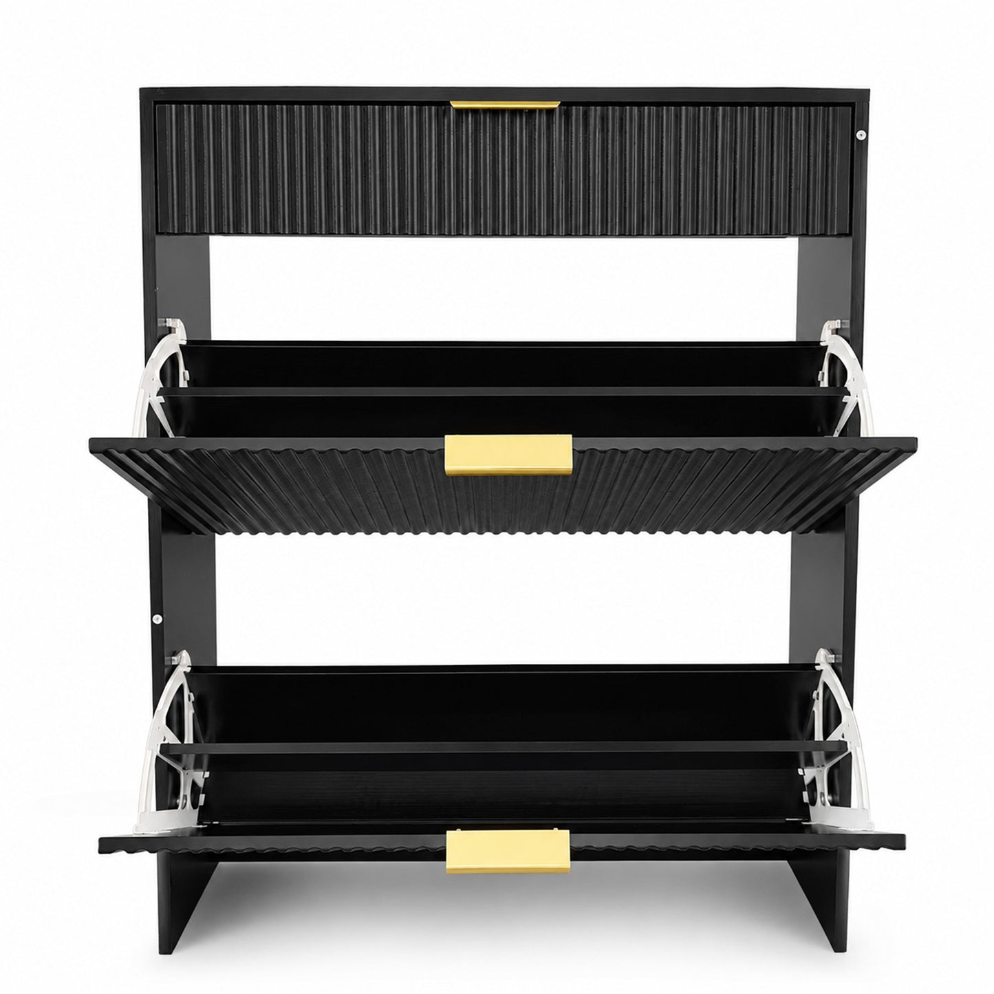 Narrow Fluted Shoe Storage Cabinet for Entryway, Freestanding Drawer Shoe Rack with Gold Pull Handles, Modern Slim Shoe Organizer Cabinet for Hallway Bedroom Closet, Black image 2