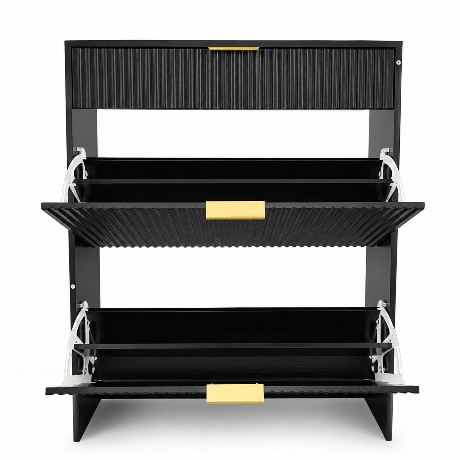 Narrow Fluted Shoe Storage Cabinet for Entryway, Freestanding Drawer Shoe Rack with Gold Pull Handles, Modern Slim Shoe Organizer Cabinet for Hallway Bedroom Closet, Black image 2