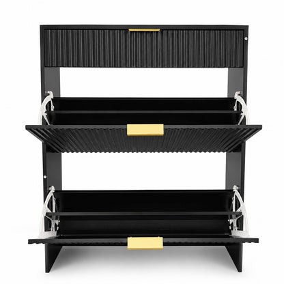 Narrow Fluted Shoe Storage Cabinet for Entryway, Freestanding Drawer Shoe Rack with Gold Pull Handles, Modern Slim Shoe Organizer Cabinet for Hallway Bedroom Closet, Black image 2