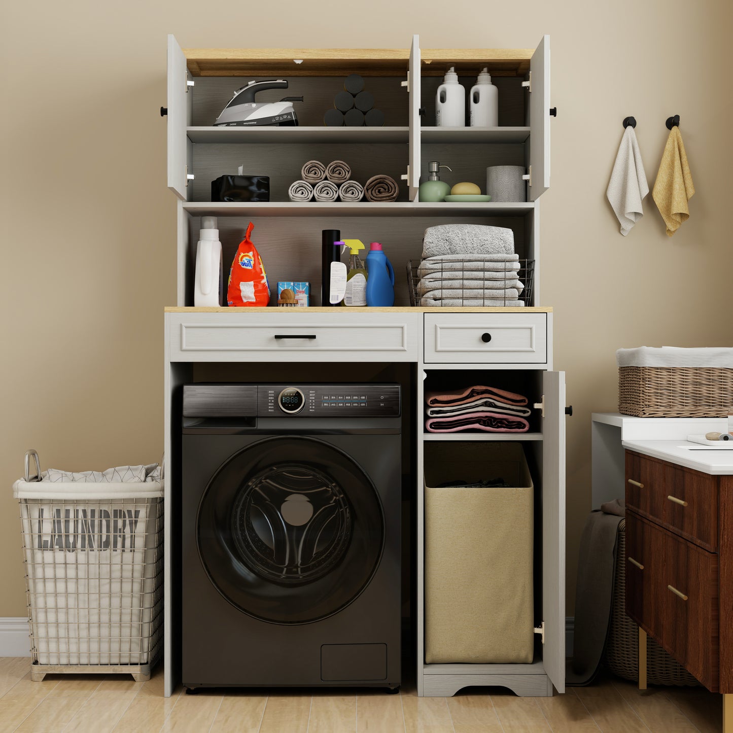 Over the Washer, Dryer and Robot Vacuum Storage Cabinet suitable for Compact Washing Machines, Laundry Room Storage Organizer with 1 Laundry Basket, 1 Drawer and 2 Adjustable Shelves-Antique White image 6