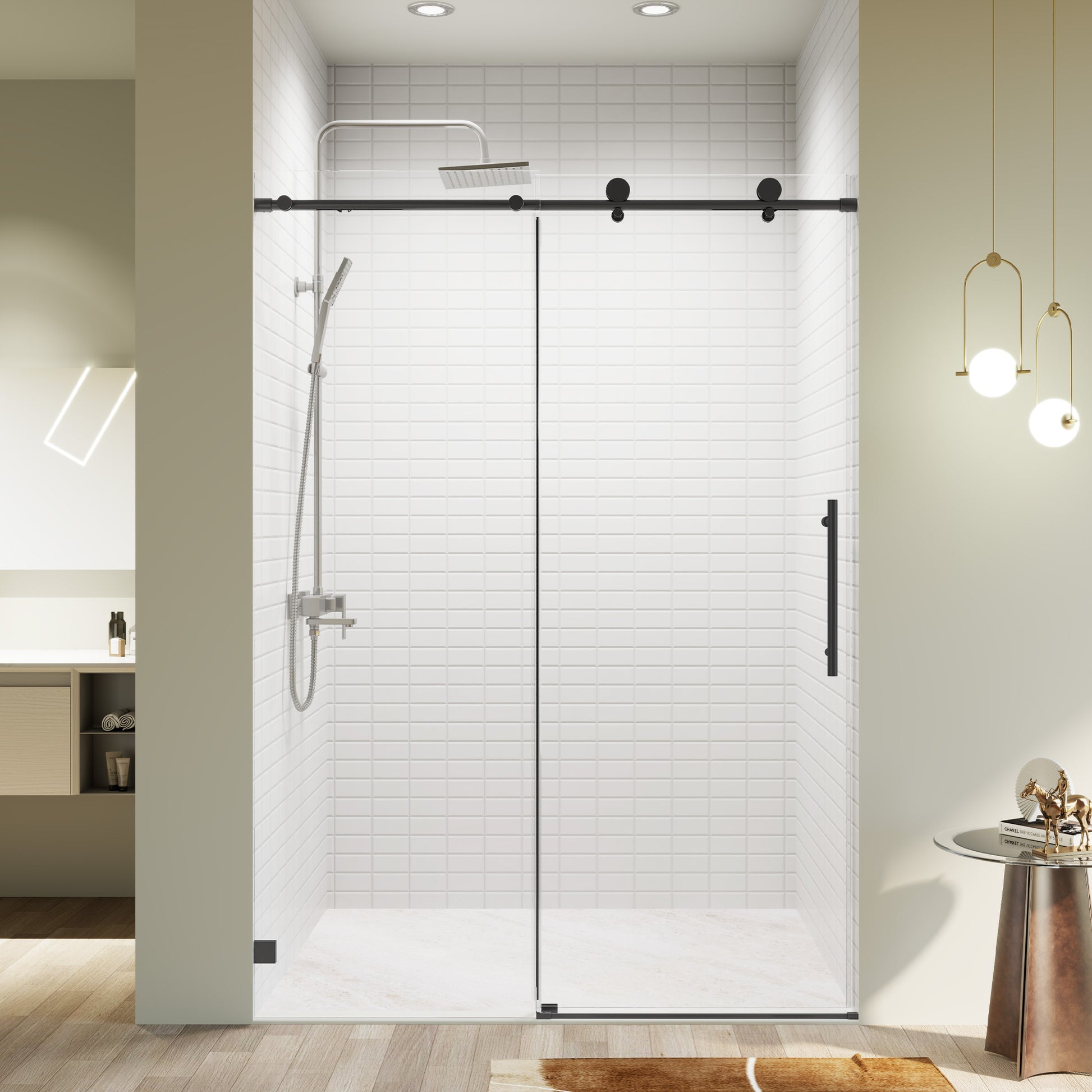 50-54" W * 76" H Frameless Single Sliding soft-close Shower Doors, Bathroom Sliding Shower Door, 5/16" (8mm) Thick SGCC Tempered Glass Door, Matte Black image 1