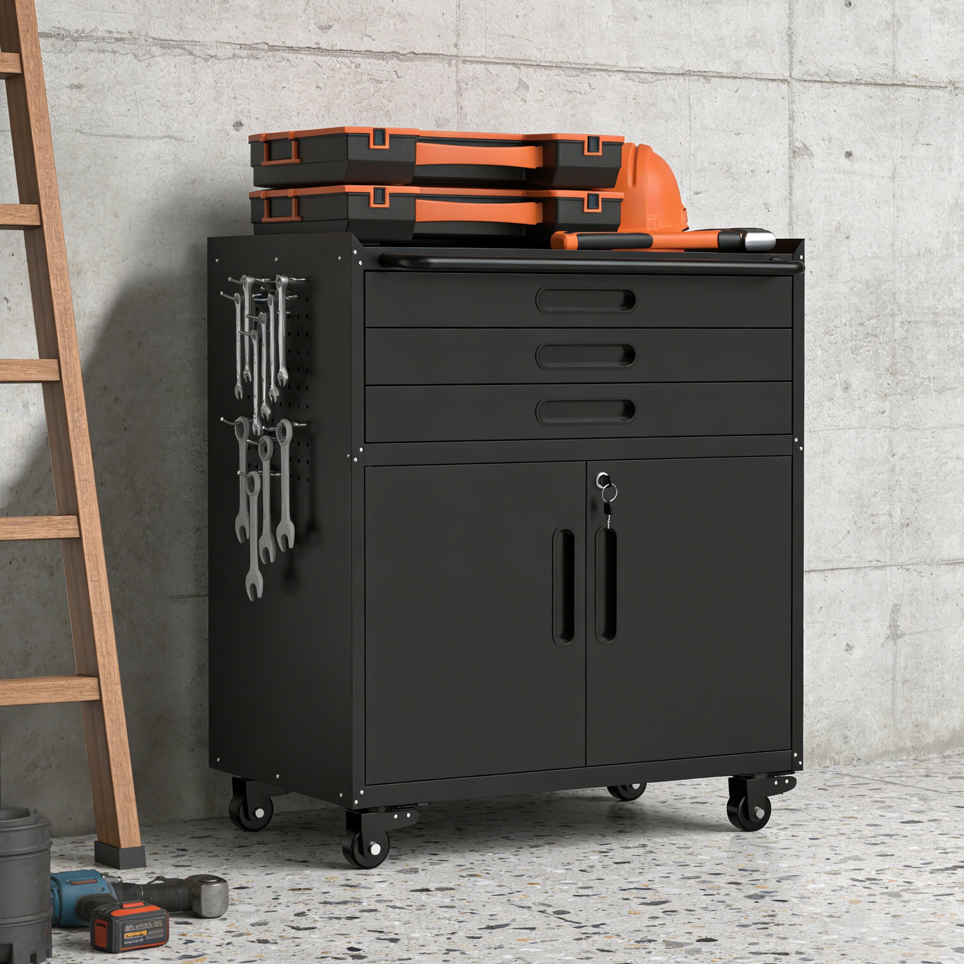 34.3" Rolling Metal Tool Cabinet - Heavy Duty Garage Storage with Lockable Doors & 3 Drawers, Mobile Workbench Organizer for Garage, Workshop, Home image 6