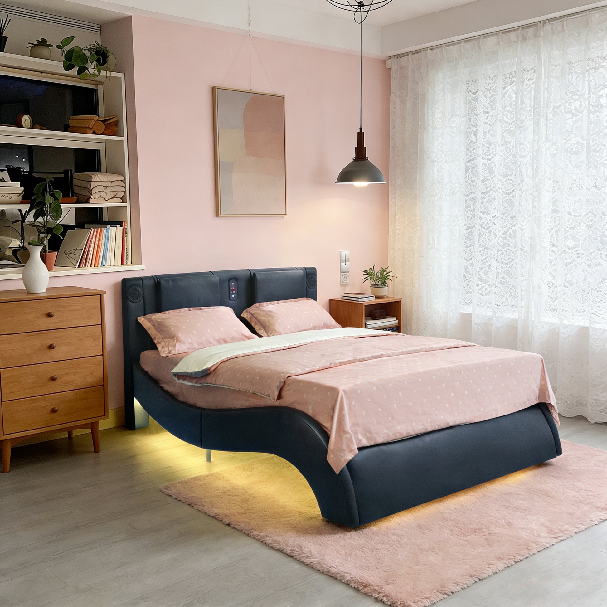 Faux Leather Upholstered Platform Bed Frame with led lighting, Bluetooth connection to play music control, Backrest vibration massage, Curve Design, Wood Slat Support, Exhibited Speakers, King Size image 3
