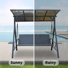 3-Seat Outdoor Porch Swing w/Adjustable Polycarbonate Hardtop and Side Table, Wicker Patio Swing Chair Bench with Steel Frame and Quick-Drying Foam Seat, Perfect for Backyard Garden and Lawn
