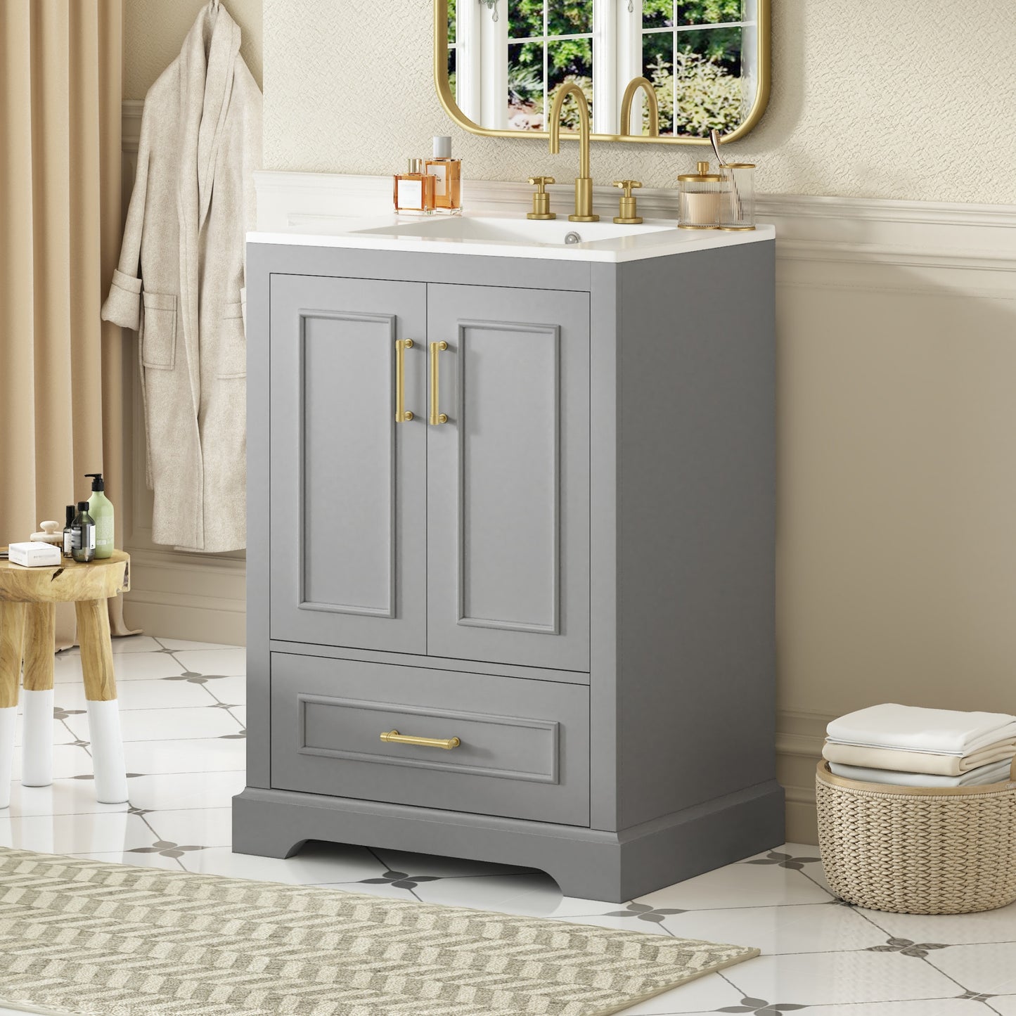 24"Bathroom Vanity with Sink, MDF Cabinet with Solid Wood Frame, 1 Divided Drawer and 2 Soft Close Doors with Double Shelf on the Door, Freestanding Vanity image 2
