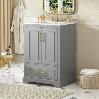 24"Bathroom Vanity with Sink, MDF Cabinet with Solid Wood Frame, 1 Divided Drawer and 2 Soft Close Doors with Double Shelf on the Door, Freestanding Vanity image 2