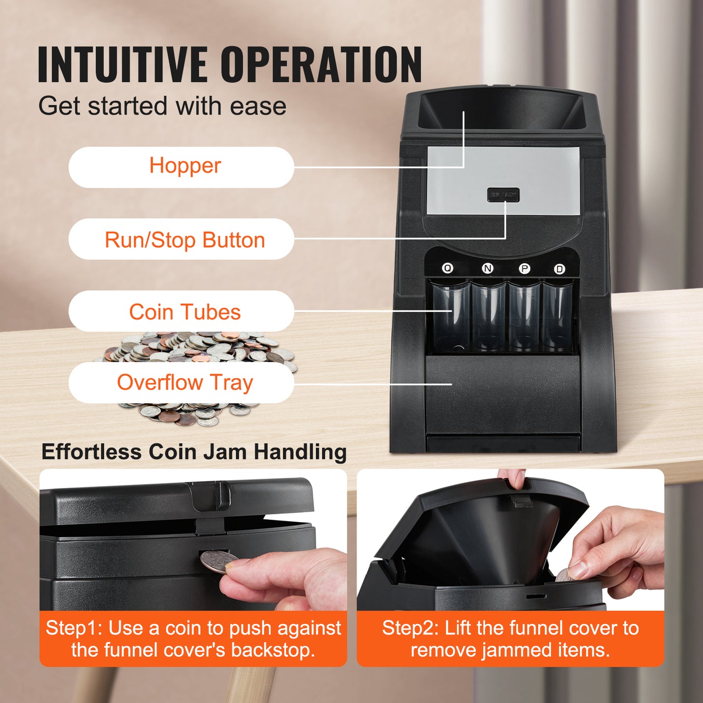 USD Coin Sorter, Coin Sorter Machine for USD Coin 1￠ 5￠ 10￠ 25￠, Sorts up to 230 Coins/min, Coin Sorter and Wrapper Machine Holds 200 Coins Included 4 Coin Tubes, Black image 7