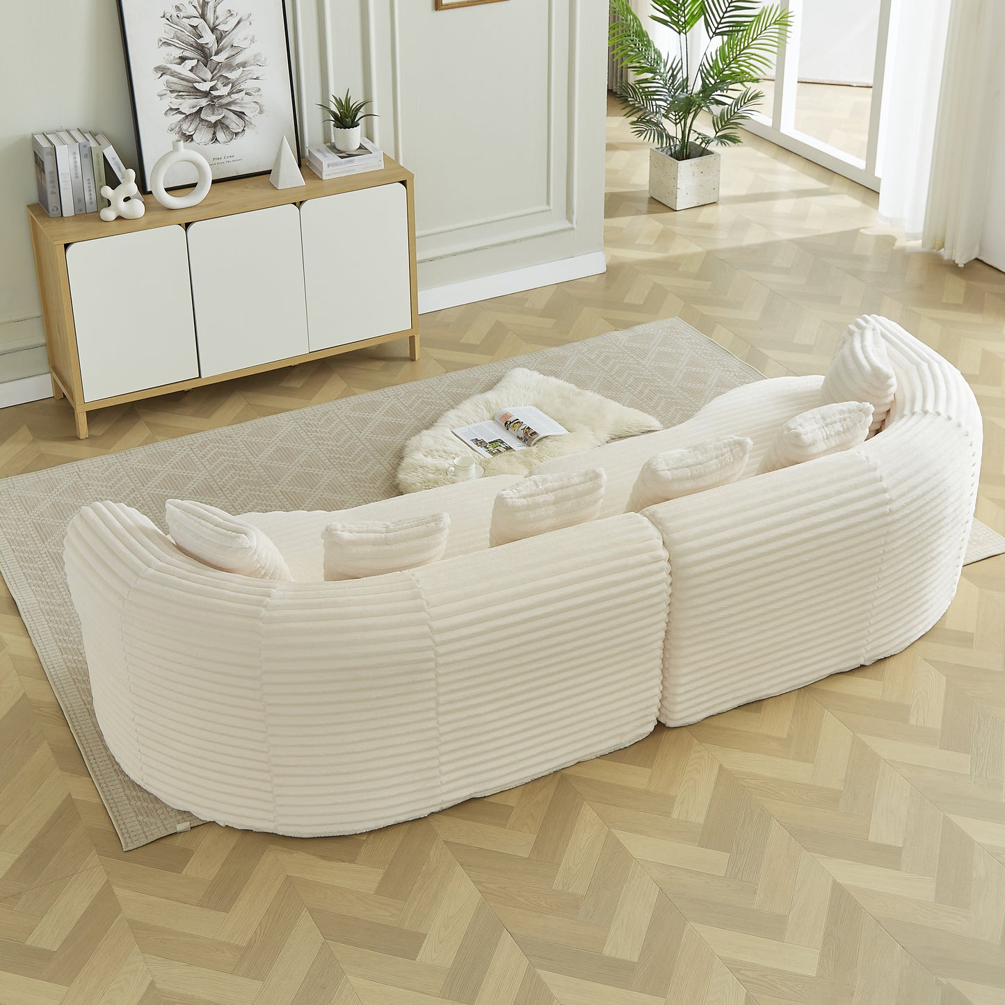 Curved Sectional Sofa, 111.5-inch Oversized Modern Bone-Free Cloud Sofa with 6 Pillows Luxury Corduroy Four-Seater Memory Foam Sofa with Deep Seat Design,beige W3505P355585 image 9