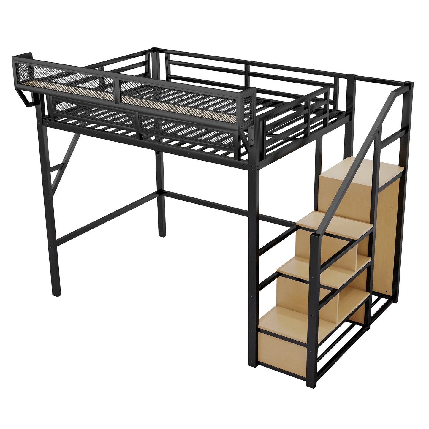 Full Size Loft Bed with Stairs, Metal Full Loft Bed with Storage Shelves, High Loft Bed with Wardrobe for Kids Teens, Black(Old SKU W2580S00029) Patent Products image 9