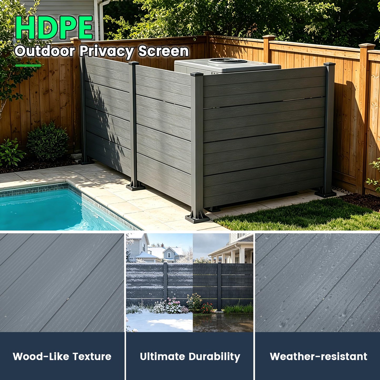 50" W x 49" H Outdoor Privacy Screen, Air Conditioner Fence, All-Weather Vinyl Privacy Fence Screens with Aluminum Posts, 3 Panels, Dark Grey image 5