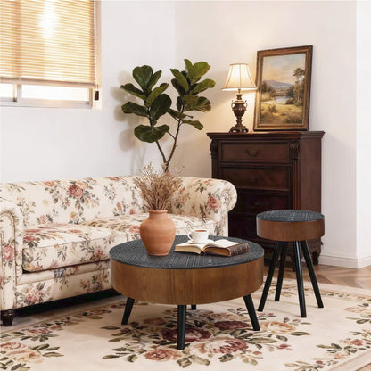 31.5-inch Round Carved Coffee Table with Storage Space, Mid-Century Modern Style Wooden Coffee Table, Four-Leg Design, 18-inch High, Living Room Accent Table (Brown and Black) image 3