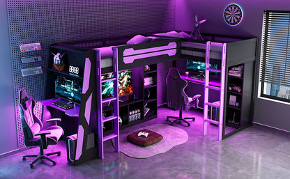 L-Shaped Wooden twin Size Gaming Bed Frame with RGB LED Lights, Dual twin Beds, USB Ports, TV Stand & Storage Shelves, Reversible Layout, Space-Saving Wood Loft Bed for Teens & Adults-Purple image 5