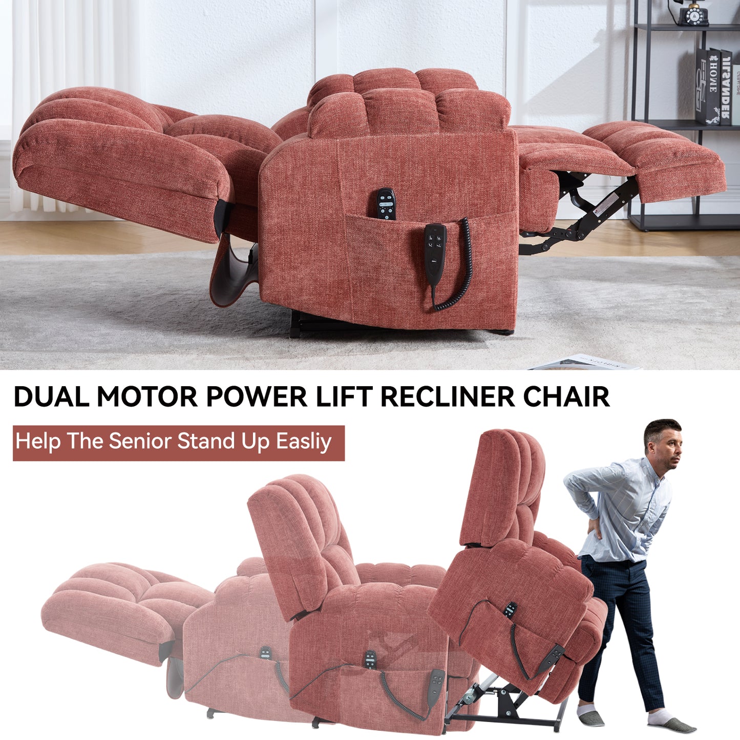 Dual Motor Heat Massage Infinite Position Up to 350 LBS Electric Power Lift Recliners with Power-Remote, Medium-firm and Heavy Duty, Red image 7