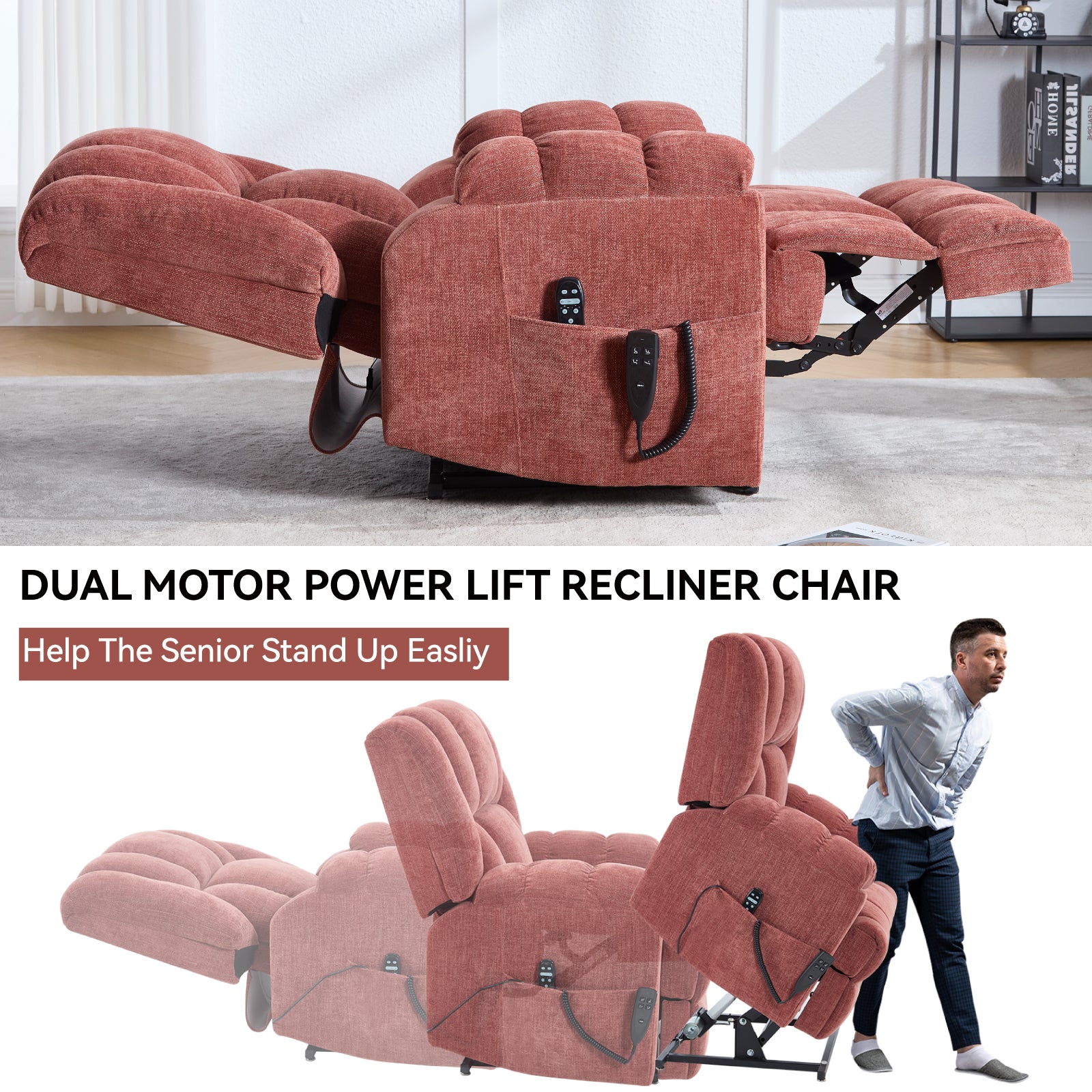Dual Motor Heat Massage Infinite Position Up to 350 LBS Electric Power Lift Recliners with Power-Remote, Medium-firm and Heavy Duty, Red image 7