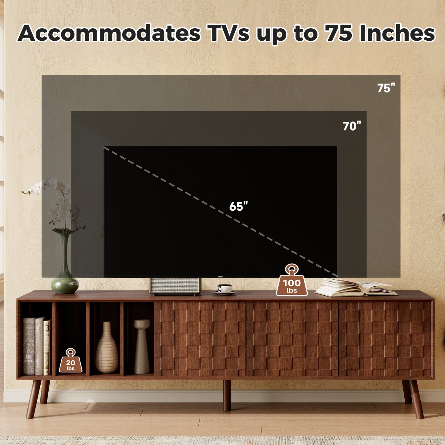 68" Mid-Century Modern TV Stand, Media Console Table for TVs up to 75'', Entertainment Center with 5 Solid Wood Legs for Living Room, Bedroom image 8