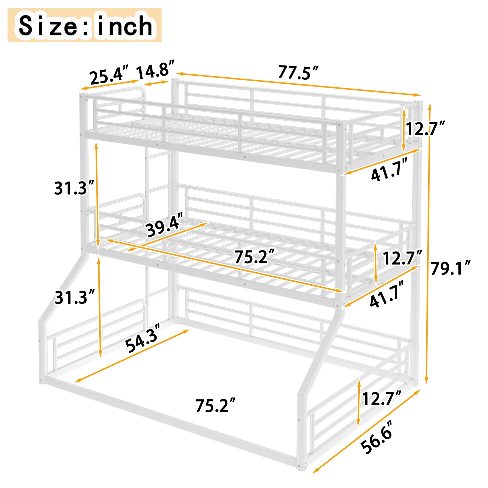 Twin over Twin over Full Bunk Bed, Metal Triple Bunk Bed with Safety Guardrails, Heavy-duty Bunk Bed with Noise-reduced Design, White image 3