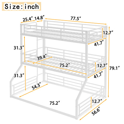 Twin over Twin over Full Bunk Bed, Metal Triple Bunk Bed with Safety Guardrails, Heavy-duty Bunk Bed with Noise-reduced Design, White image 3