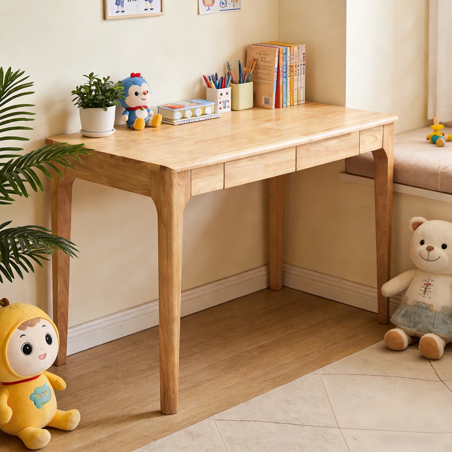 Solid Wood Desk with Drawers, Standing Desk with Smooth Edges, Home Office Desk for Small Spaces, Mid Century Modern Desk for Study, Bedroom, Living Room, Office, (Natural Wood Color) image 2