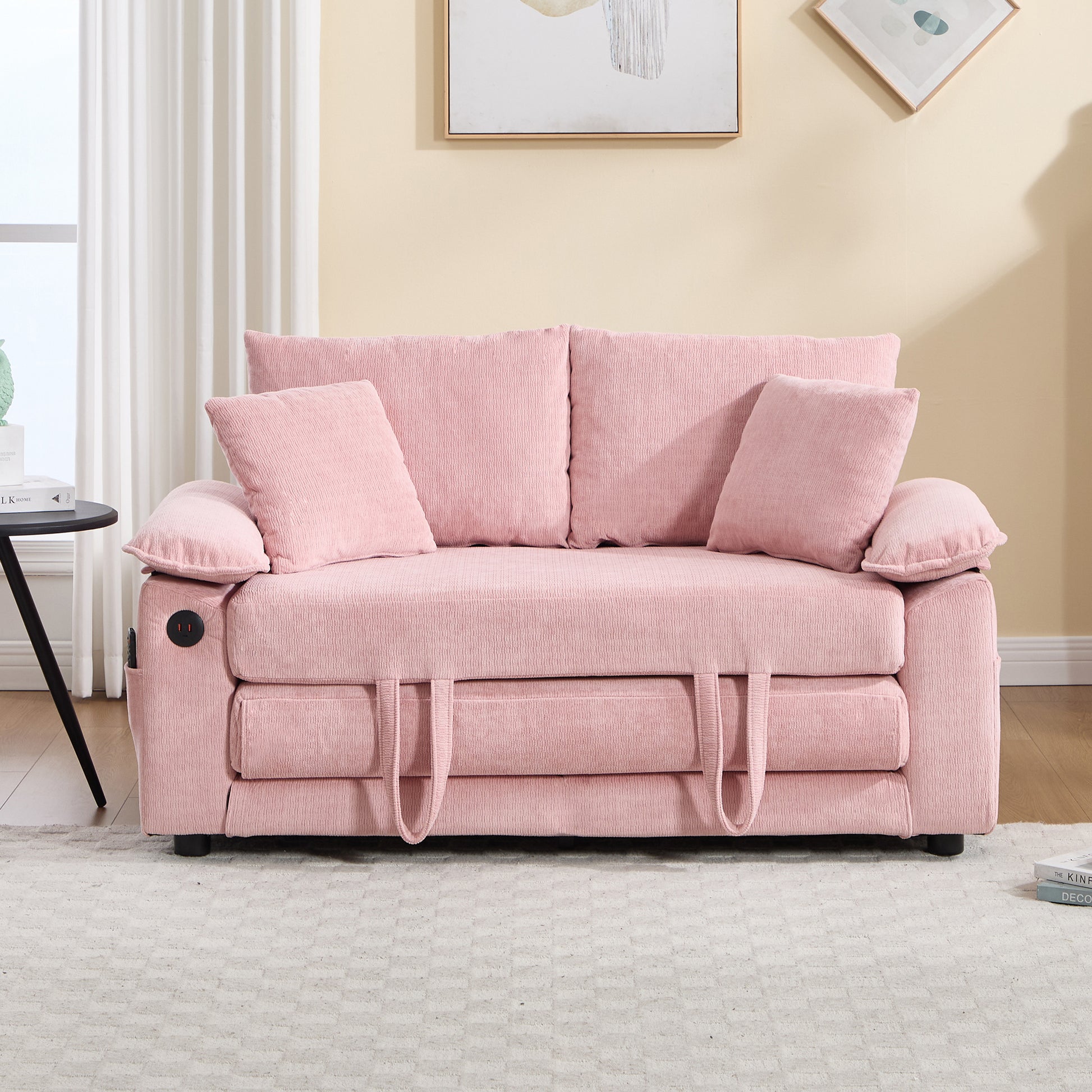 58 inch 3-in-1 Upholstered Futon Sofa Convertible Floor Sofa bed,Foldable Tufted Loveseat with Pull Out Sleeper Couch Bed,Folding Mattres Love Seat Daybed W/Side Pockets for Living Room Pink image 9