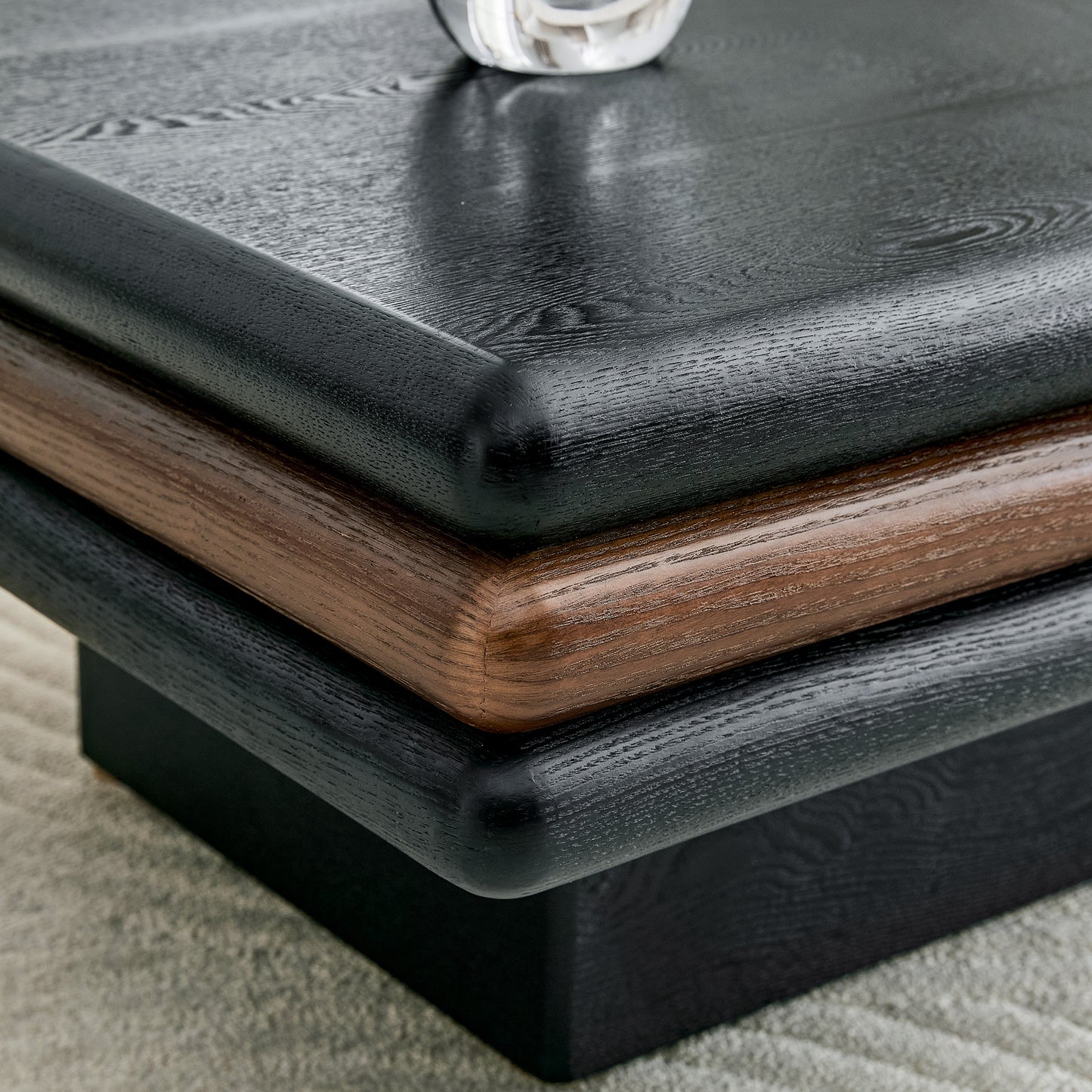 Modern 3-Tier Stacked Rectangular Coffee Table, MDF with Wood Veneer, Walnut & Black Accent Center Table for Living Room image 9