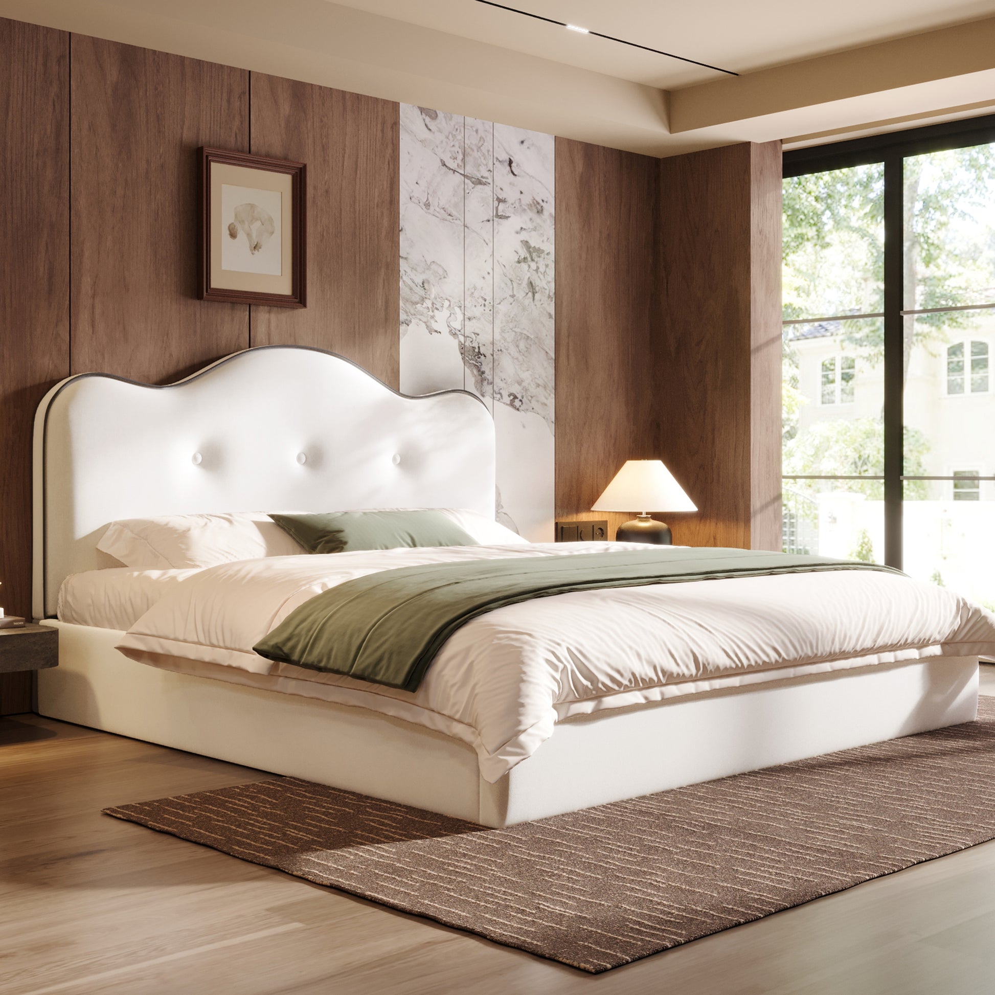 King Size Upholstered Platform Bed, Beige image 2