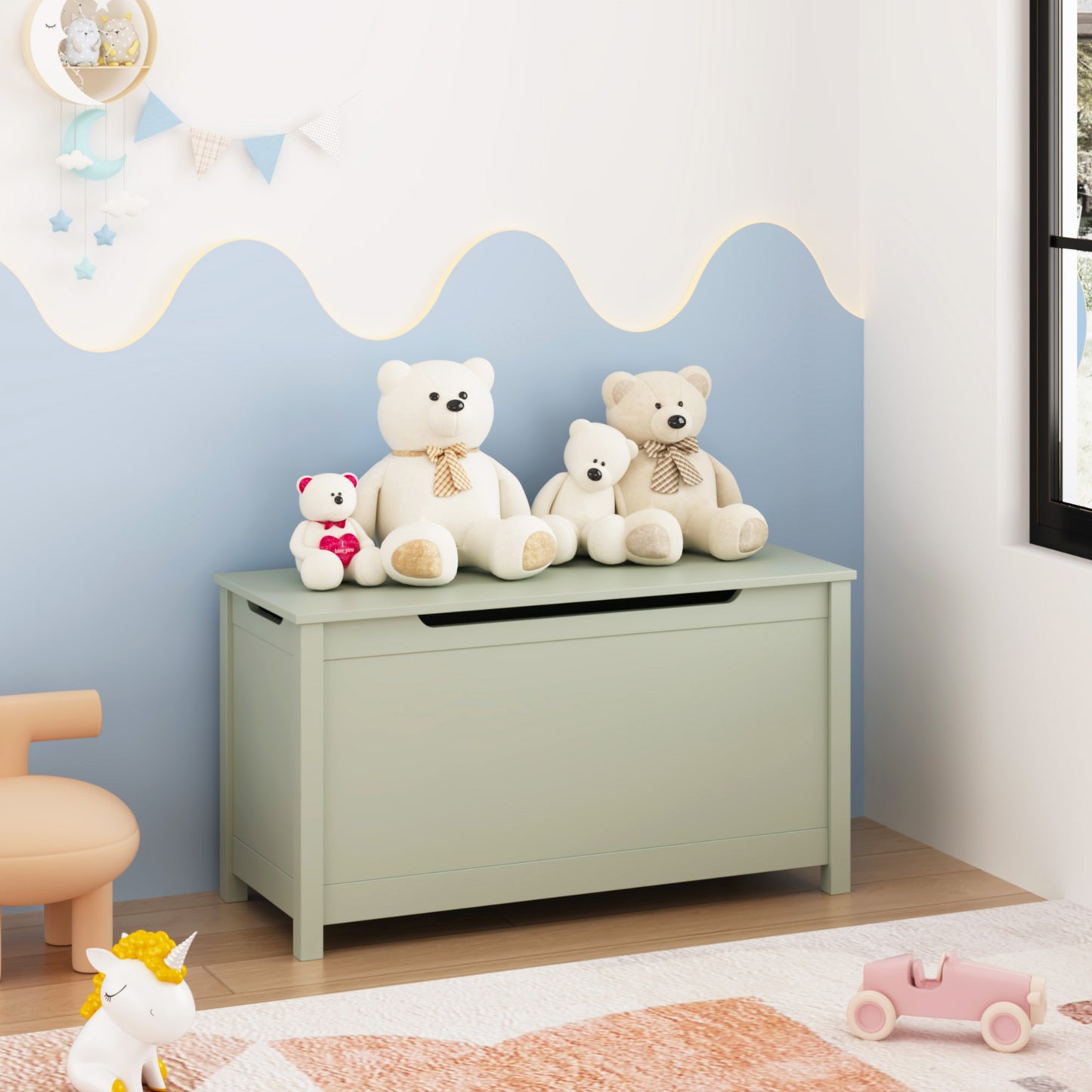 Kids Wooden Toy Box Storage with Safety Hinged Lid for Ages 2+ (Sage) image 1