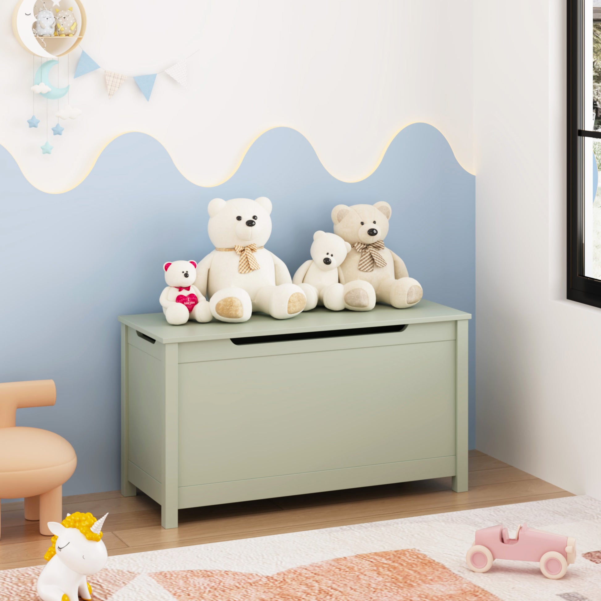 Kids Wooden Toy Box Storage with Safety Hinged Lid for Ages 2+ (Sage) image 1