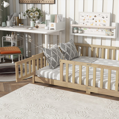 Full Size Floor Bed with Fence and Door,Rubber Wood Floor Bed with Safety Guardrails,Natural (Old Sku W504P286380) image 5