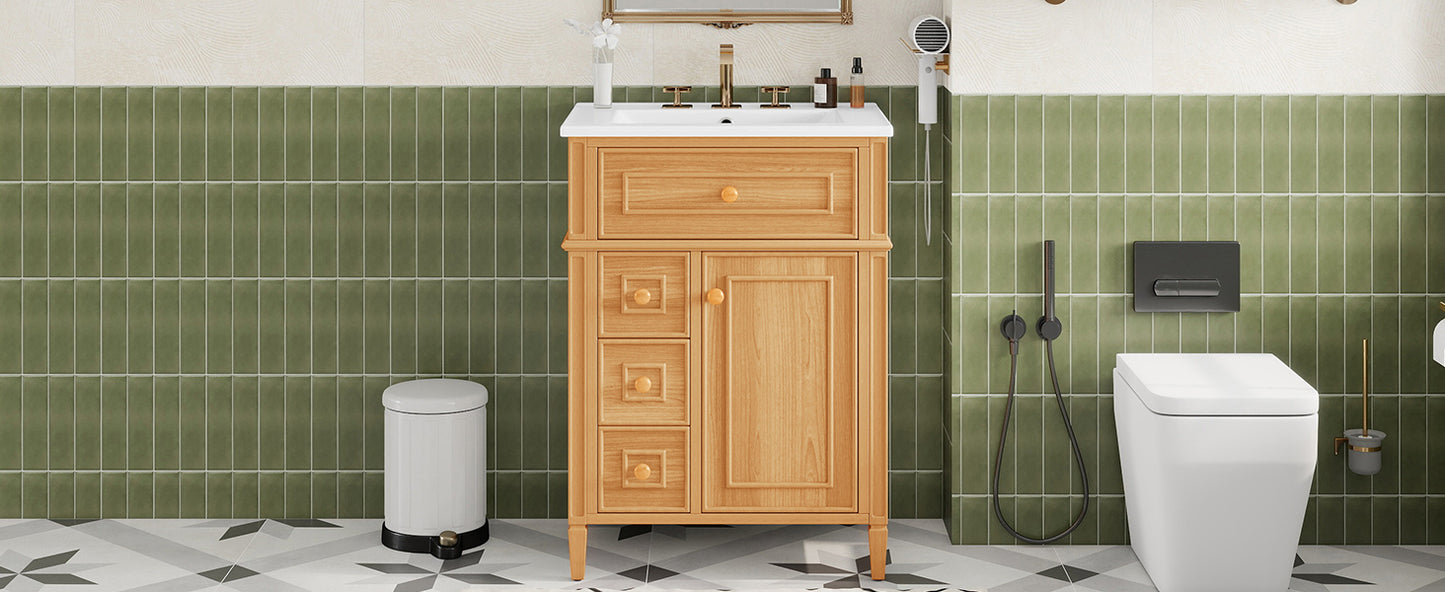 24" Bathroom Vanity with Sink, Wood Vanity Cabinet with Flip-Out Drawer, 2 Soft-Close Drawers, 1 Soft-Close Door, Solid Wood & MDF, Elegant Wood Handles image 3
