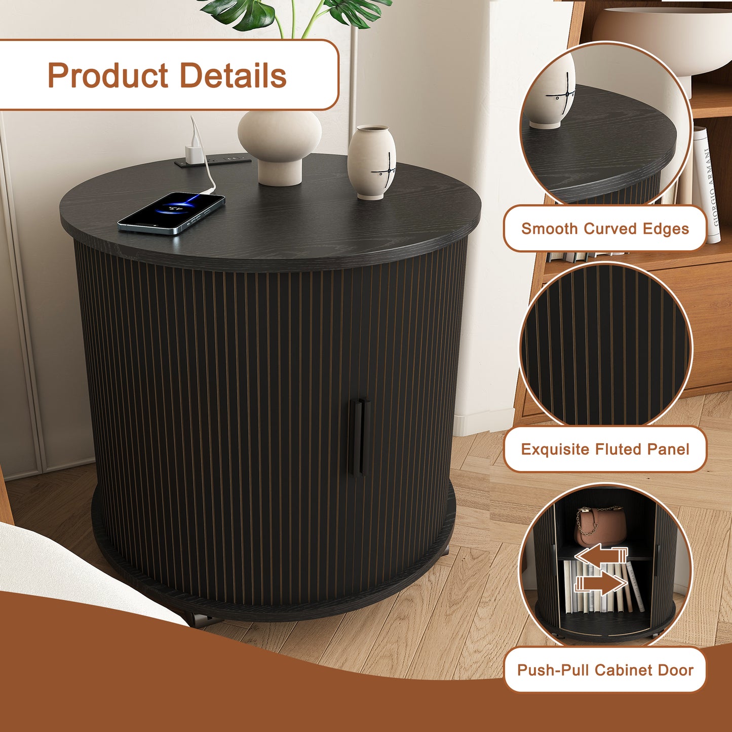 Mid Century Modern Cylinder End Table with Built-in Charging Station & Sliding Door, 2-Tier Storage Round Nightstand with USB Ports, Bedside Table for Living Room, Bedroom, Entryway-Black image 2