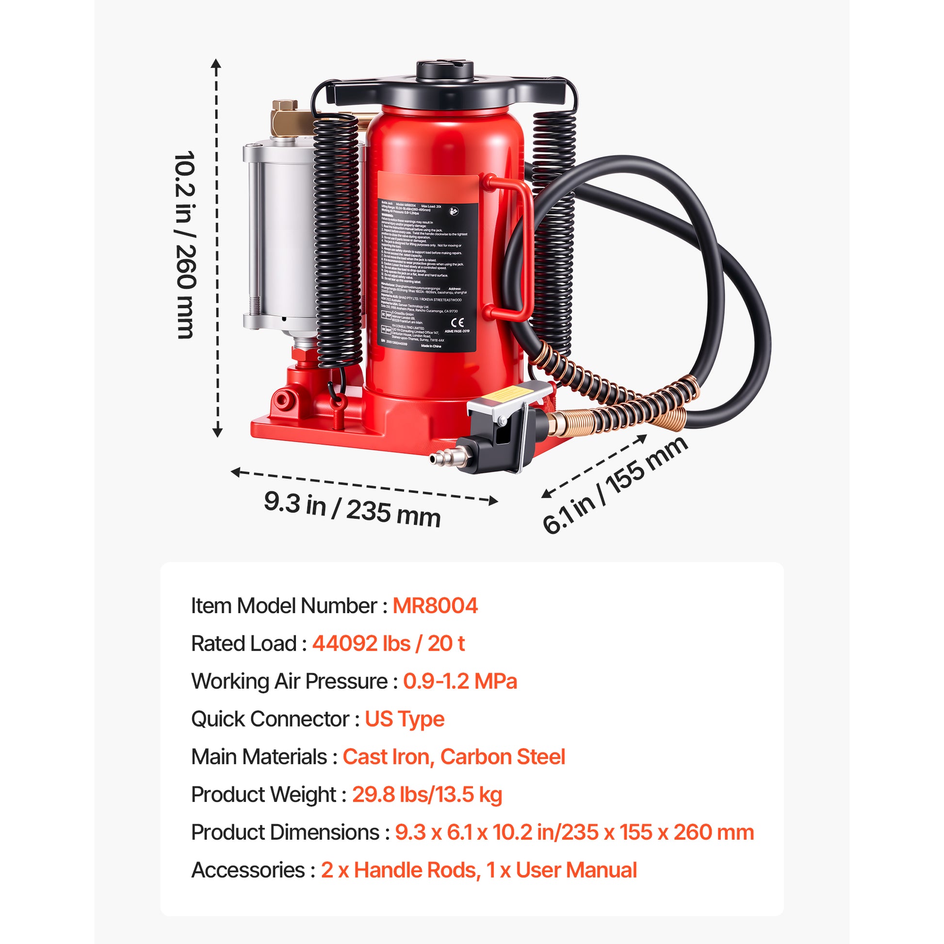 Air Hydraulic Bottle Jack, 20 Ton (44092 lbs) Capacity, 10.2-19.5 Inch Lifting Range, Pneumatic/Manual Heavy Duty Welded Bottle Jack with Pump for Car, SUV, Pickup, Truck, RV, Auto Repair, Red image 8