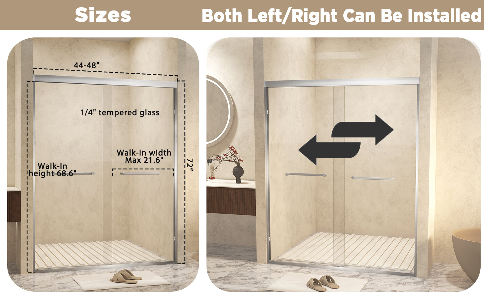 44-48" x 72" Tempered Glass with Explosion Proof Film, Aluminum Frame Double Sliding Shower Door, "1/4 (6 mm), Stainless Steel handle,Brushed Nickel image 10