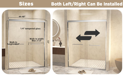 44-48" x 72" Tempered Glass with Explosion Proof Film, Aluminum Frame Double Sliding Shower Door, "1/4 (6 mm), Stainless Steel handle,Brushed Nickel image 10