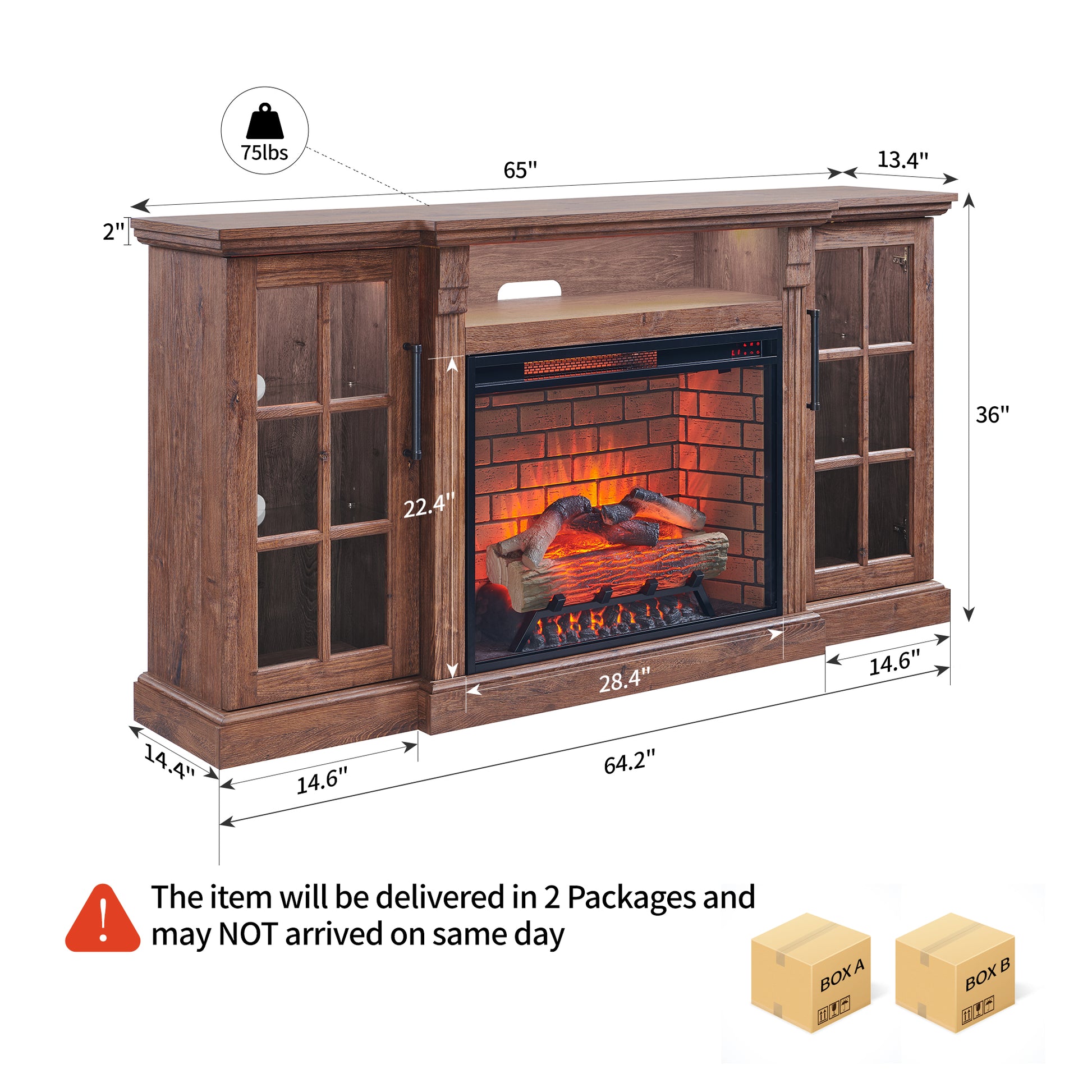 65" Fireplace TV Stand for TVs up to 75",with 28" Electric Fireplace and LED Light image 4
