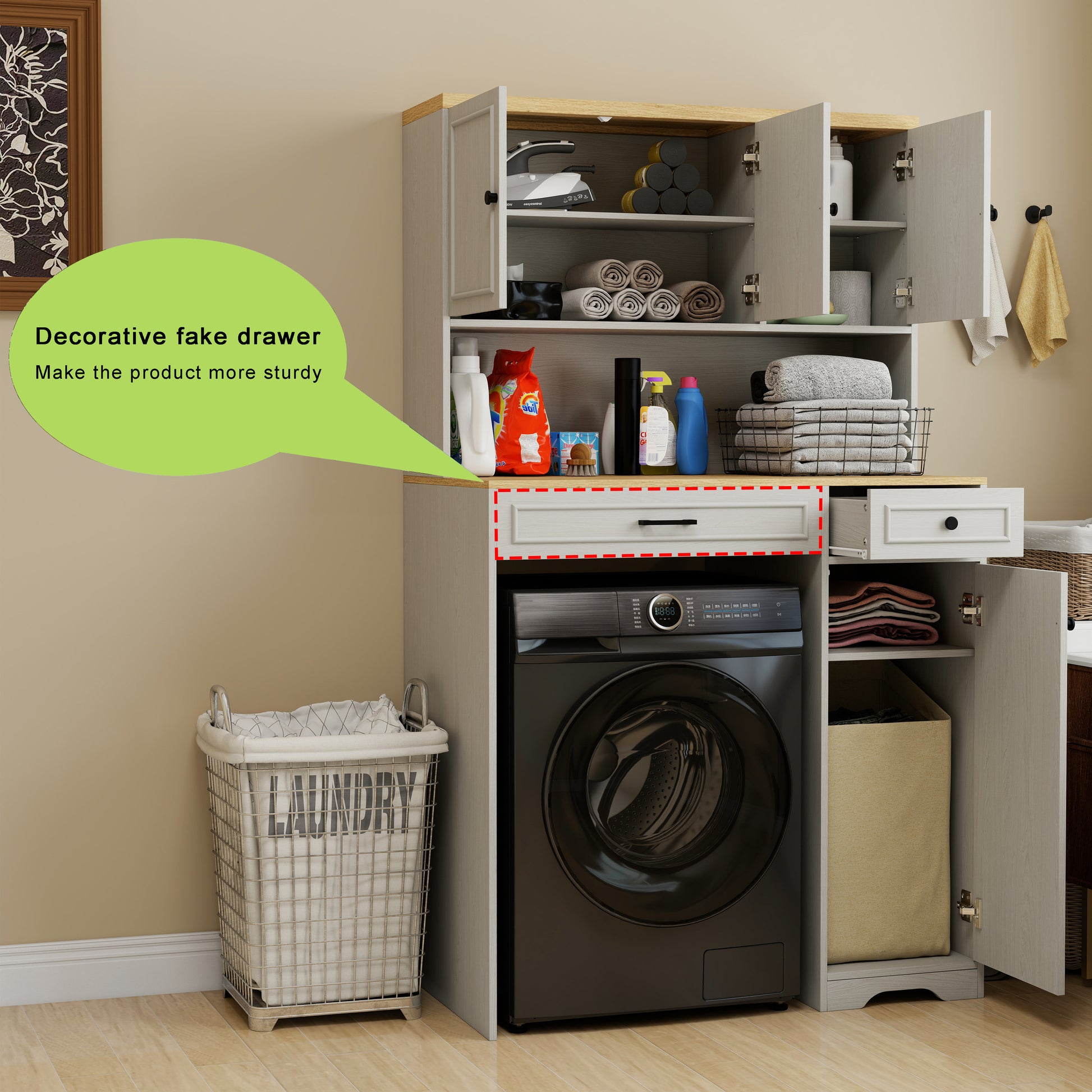 Over the Washer, Dryer and Robot Vacuum Storage Cabinet suitable for Compact Washing Machines, Laundry Room Storage Organizer with 1 Laundry Basket, 1 Drawer and 2 Adjustable Shelves-Antique White image 8