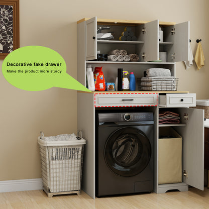 Over the Washer, Dryer and Robot Vacuum Storage Cabinet suitable for Compact Washing Machines, Laundry Room Storage Organizer with 1 Laundry Basket, 1 Drawer and 2 Adjustable Shelves-Antique White image 8