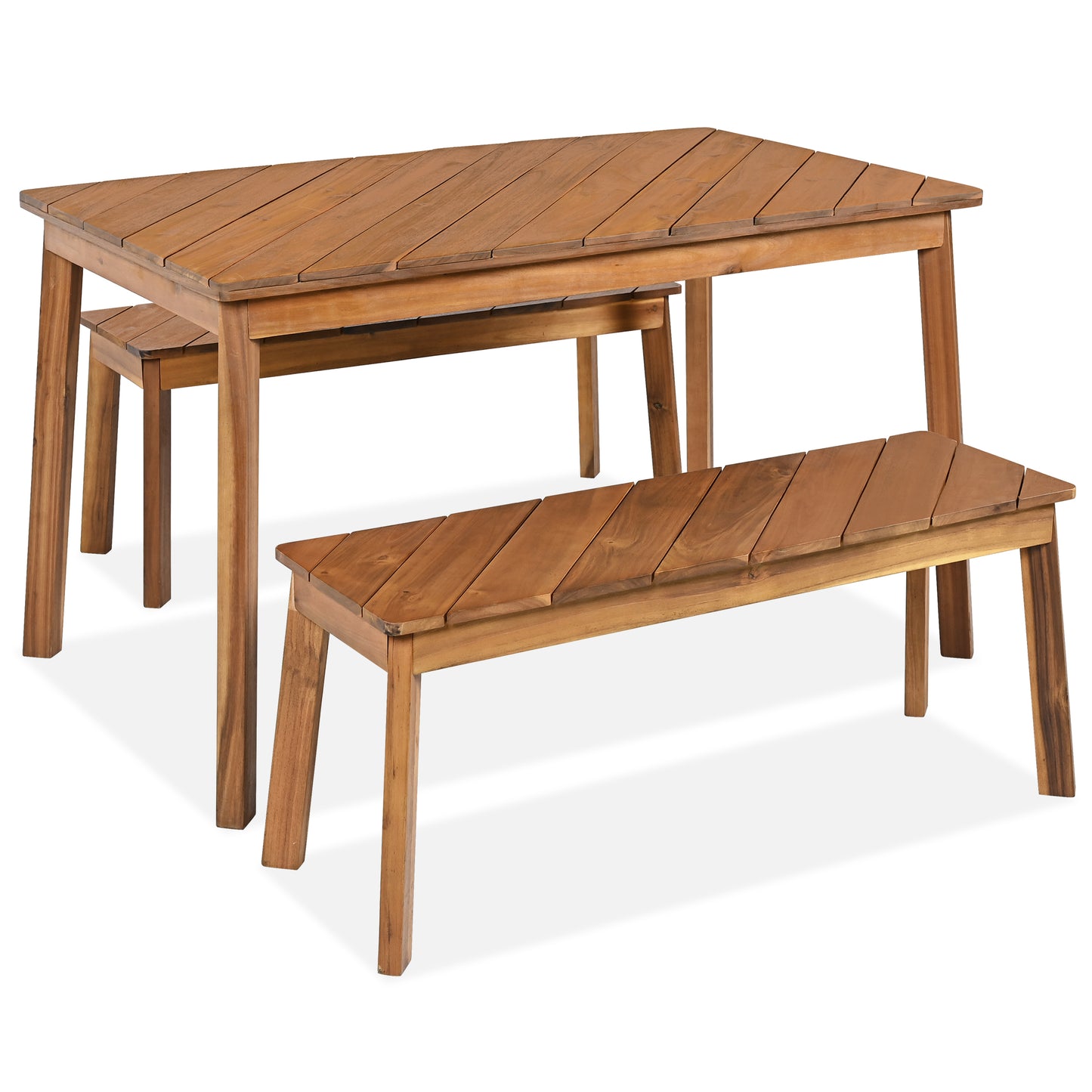 GO 3 Pieces Acacia Wood Table Bench Dining Set For Outdoor & Indoor Furniture With 2 Benches, Picnic Beer Table for Patio, Porch, Garden, Poolside, Natural image 7