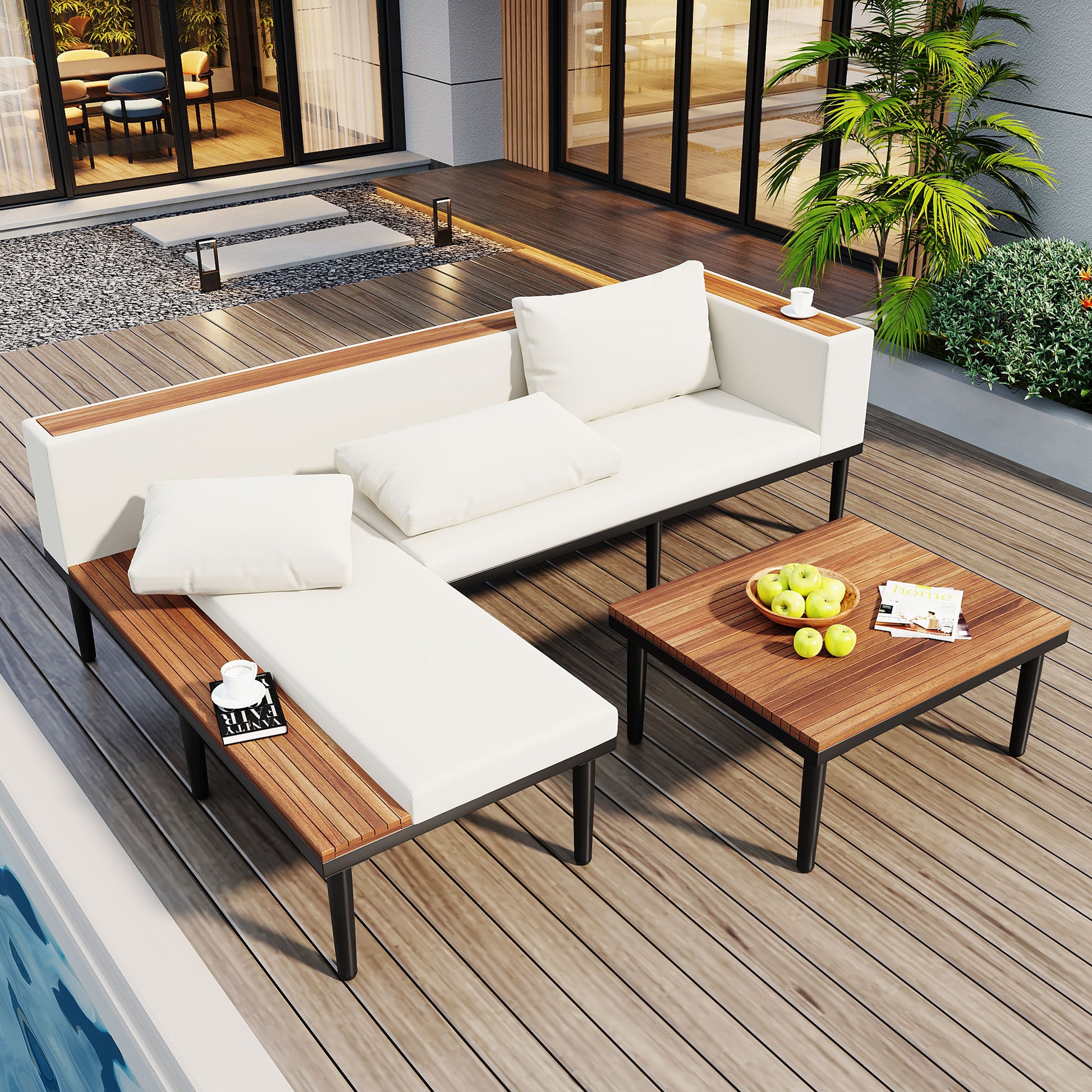 <Old SKU: N704G201251A>Luxury Patio Furniture Set with Removable Cushions and Coffee Table, L-Shaped Acacia Wood Sofa with Side table, Outdoor Conversation Sectional Sofa for Backyard, Porch, Beige image 1