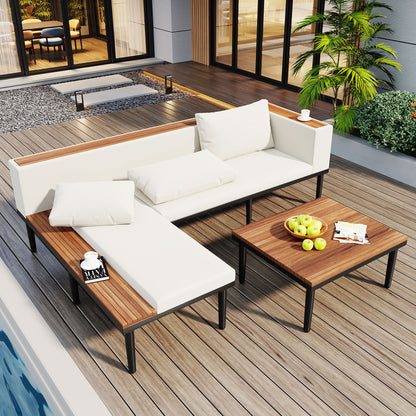 <Old SKU: N704G201251A>Luxury Patio Furniture Set with Removable Cushions and Coffee Table, L-Shaped Acacia Wood Sofa with Side table, Outdoor Conversation Sectional Sofa for Backyard, Porch, Beige image 1
