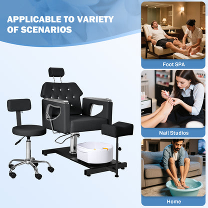 Pedicure Chair No Plumbing,Reclining Pedicure Station Unit with Adjustable Height and 360 Swivel,Hydraulic Foot Spa Chiar with Footrest and Massage Foot Bath, Black image 5