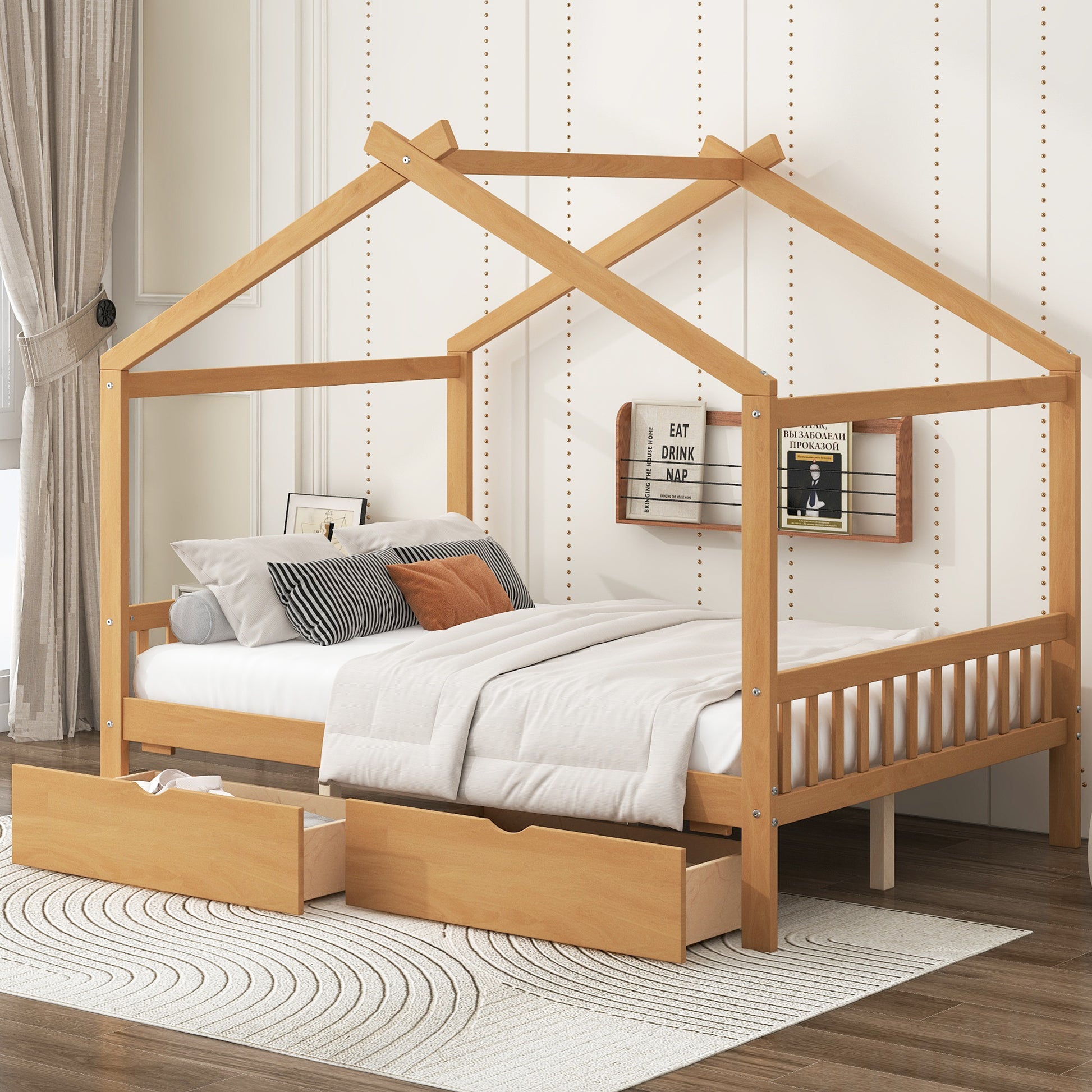 Full Size House Platform Bed with Two Drawers,Headboard and Footboard,Roof Design,Natural image 1
