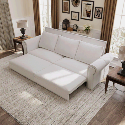 Chesterfield Sofa,93.7" King Pull Out Sofa Bed,3-in-1 Velvet Convertible Sleeper Sofa with Nailhead Trim & Rolled Arm,Multi-Functional Sofa Bed for Living Room,Bedroom,Beige/White(old sku:W1885S00036) image 1