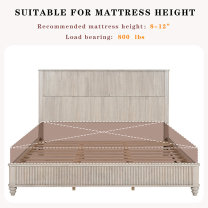 Solid Wood Bed Frame,King Platform Bed Frame with Headboard,Tall Headboard Natural Wood Bed,No Box Spring Needed,Beige image 12