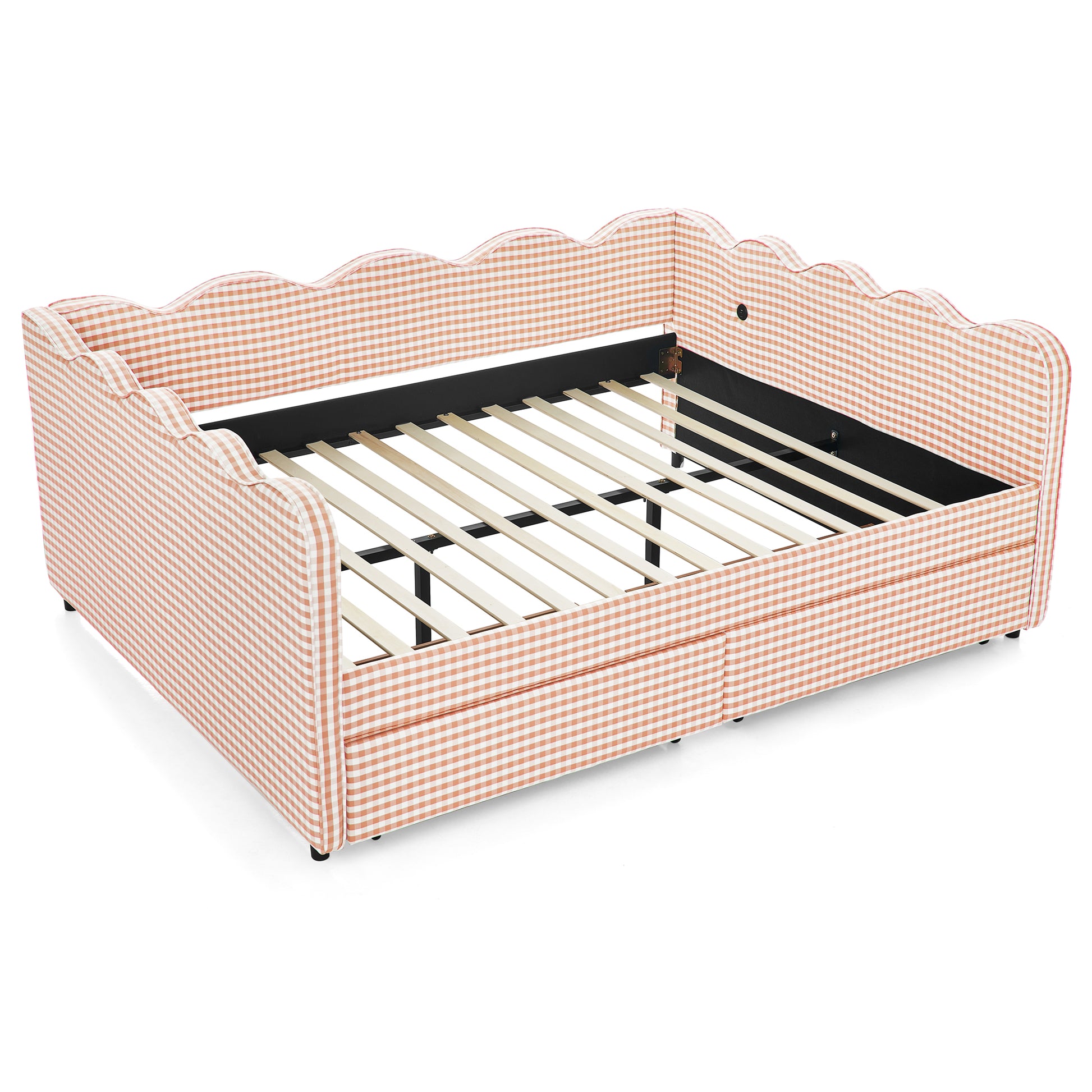 Queen Size Cozy Gingham Daybed with Two Storage Drawers, with USB Port and Adorable Wave Shaped, Linen Fabric image 11