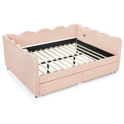 Queen Size Cozy Gingham Daybed with Two Storage Drawers, with USB Port and Adorable Wave Shaped, Linen Fabric image 11