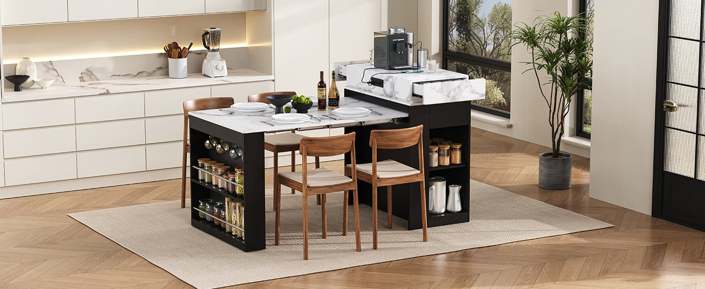 [VIDEO] TREXM Extendable Dining Table with Folding Tabletop, Bar Table with Drawers and Power Outlet, Kitchen Island with Wheels and Hooks, Sideboard for Kitchen and Dining Room (Black+Marble White) image 8