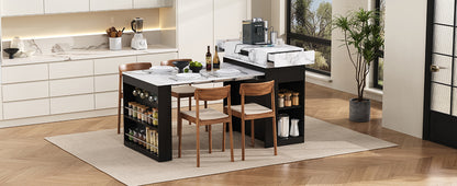 [VIDEO] TREXM Extendable Dining Table with Folding Tabletop, Bar Table with Drawers and Power Outlet, Kitchen Island with Wheels and Hooks, Sideboard for Kitchen and Dining Room (Black+Marble White) image 8