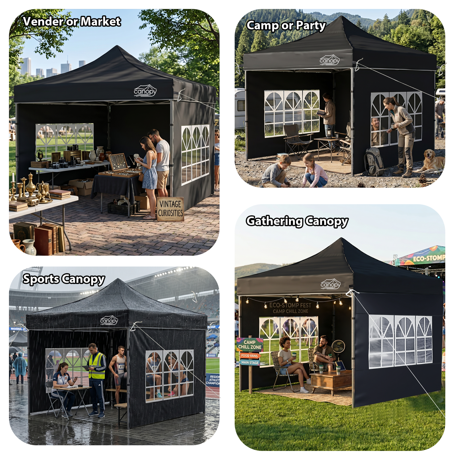 10x10 Pop Up Canopy, 3-in-1 9m Sidewall, Black Speckled Frame, Black Silver-Coated Top UPF50+ WR, 4 Heights 6.7-7.6ft, 1Sidewall+2 Windows, incl Stakes/Sandbags/Ropes/Bag for Market Camping Beach image 2