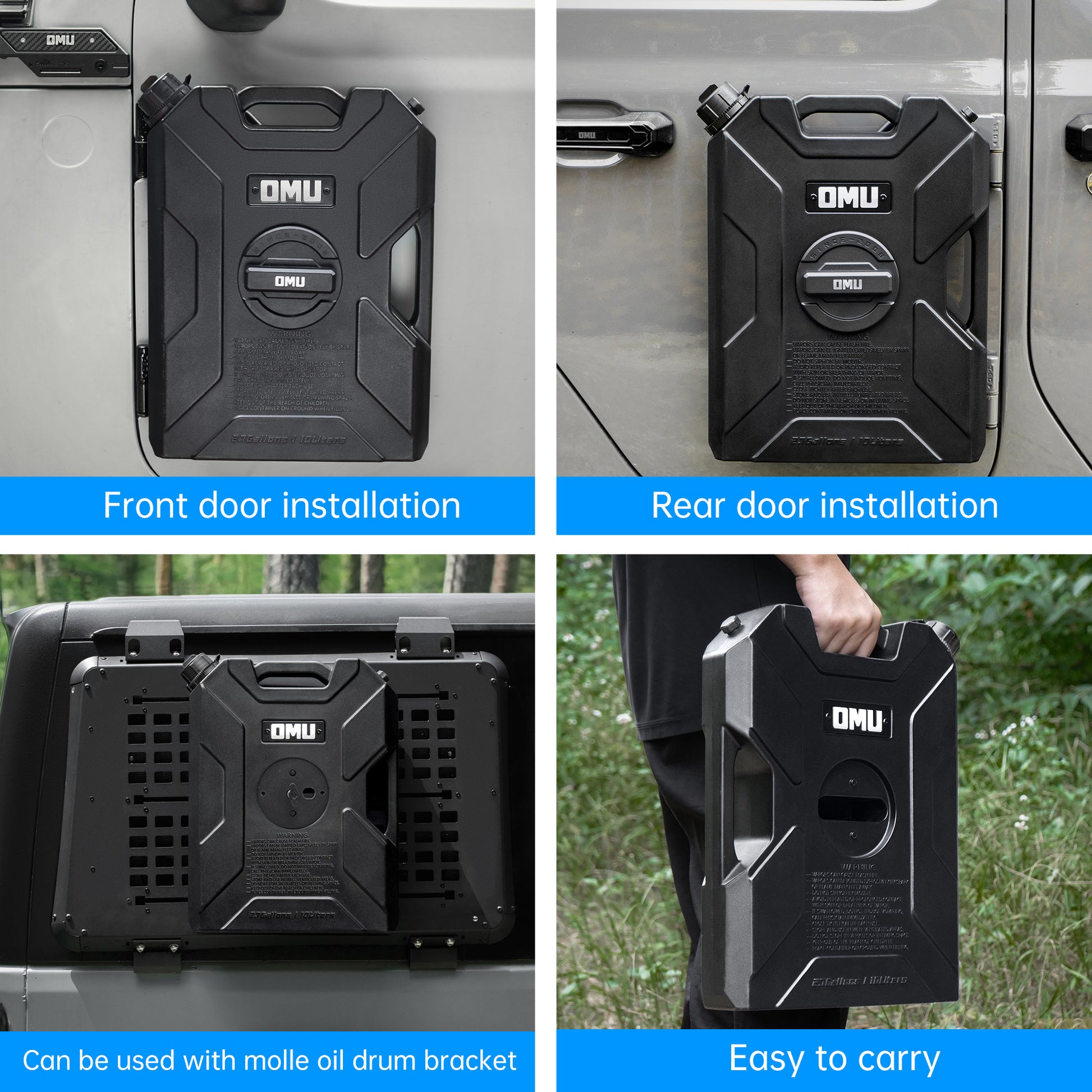 OMU 2.64 Gallon/10L Door Hinge Gasoline Container and Mount Set Compatible with 2007-2026 Jeep wrangler JK JL JT, Gasoline Pack Mount Backing Plate with Snapin Spout Backup Petrol Water Storage Can image 8